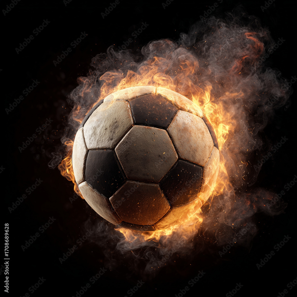 Fototapeta premium Soccer ball ignited with vibrant flames in a dramatic display of motion and energy during a nighttime game Generative AI