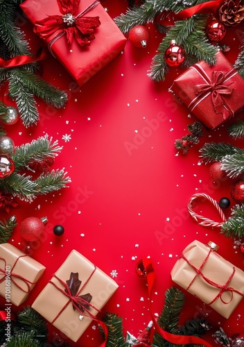 Festive Arrangement of Christmas Gifts and Decorations on a Vibrant Red Backg...