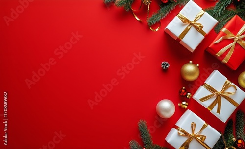 Beautifully Wrapped Holiday Gifts With Festive Decorations on a Vibrant Red B...
