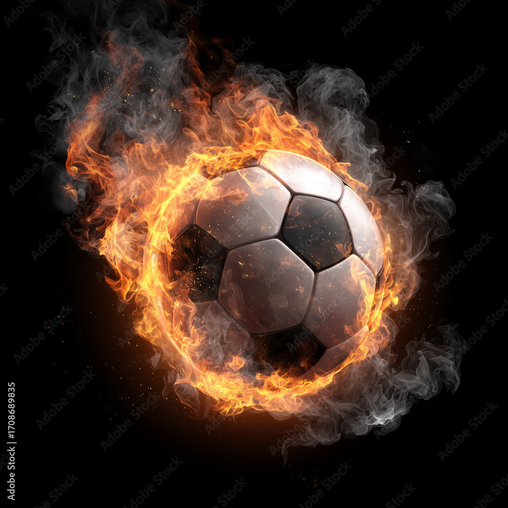 Fototapeta premium Soccer ball enveloped in flames with smoke effects create a dramatic visual in a dark background Generative AI
