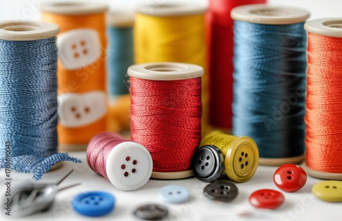 Colorful Spools of Thread and Buttons Ready for Crafting in a Creative Workspace