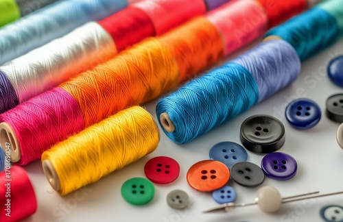 Colorful Spools of Thread and Buttons Ready for Crafting in a Creative Worksp...