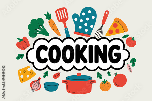 Cooking Illustration with Vegetables Utensils and Word Cooking for Culinary Arts Education and Recipe Design Projects Ready for Digital and Print Use