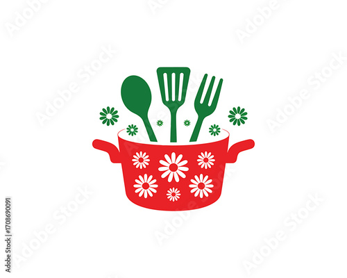 Whimsical Kitchen Utensils in Floral Pot Graphic Fresh Green and Red Design Cooking and Kitchenware Concept