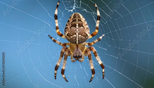 Araneus spider with intricate markings perched in its perfectly spun web