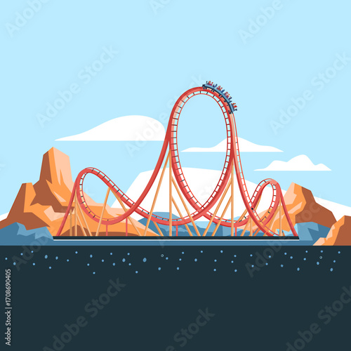 Roller coaster vector illustration with looping track and ride car in amusement park setting against a blue sky background