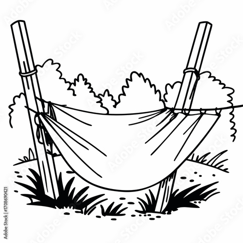 Illustration of a hammock strung between two poles with bushes in the background in black and white style
