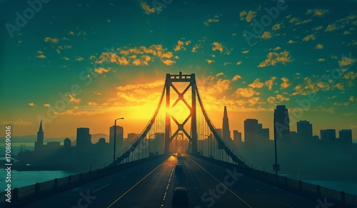 Golden Sunset View Over the Bay Bridge and San Francisco Skyline