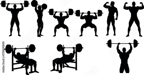 Black Silhouettes of Bodybuilders and Weightlifters Performing Gym Exercises, Strength Training Poses, Bench Press, Squats, and Barbell Movements
