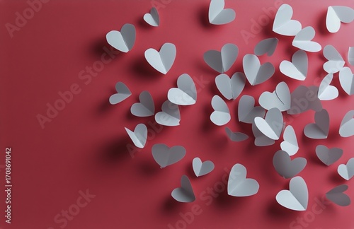 Colorful Paper Hearts Scattered on a Vibrant Red Background for Decoration
