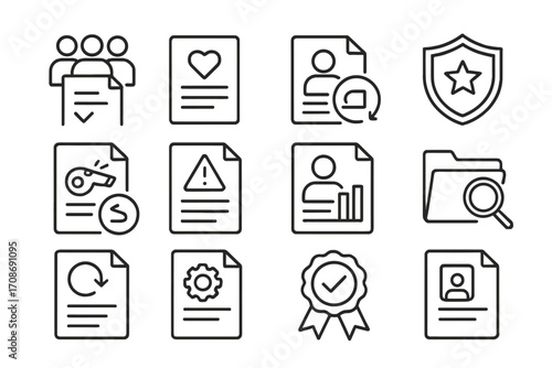Ethics Line Icons. Line style icons of ethics and integrity appeals: committee with document icon, moral concern file, appeal for