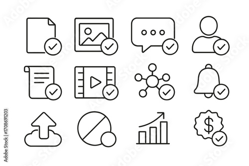 Social Media Icons. Line style icons of social media content approvals: approved post icon, photo published, comment visible,
