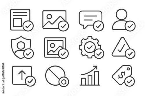 Social Media Icons. Line style icons of social media content approvals: approved post icon, photo published, comment visible,