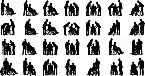 Caregiver and wheelchair support silhouette set showing medical assistance, disability aid, elder care, rehabilitation, mobility help, and compassion scenes