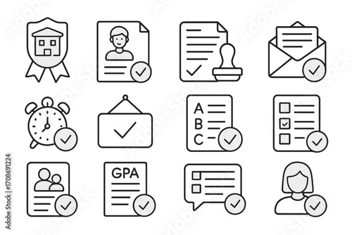 School Admissions Icons. Line style icons of school admissions approvals: accepted school badge, student file approved,