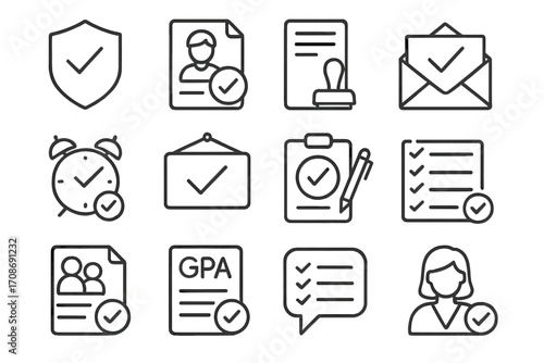 School Admissions Icons. Line style icons of school admissions approvals: accepted school badge, student file approved,