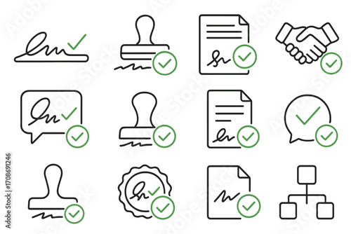 Signature Approval Icons. Line style icons of accepted signatures: green checkmark on signature, signature approved stamp, signed