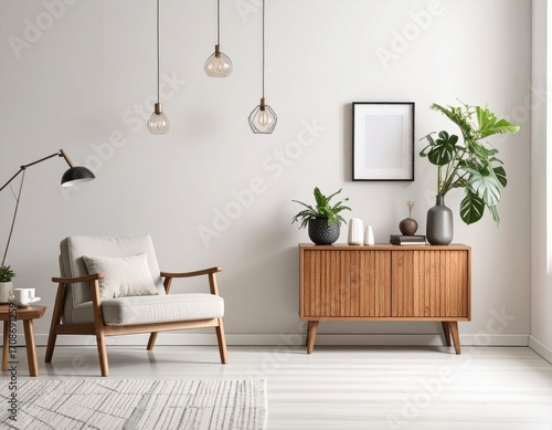 Modern Living Room Interior Design with Mid Century Furniture.