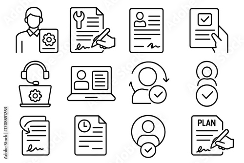 Service Agreement Icons. Line style icons of service agreements: service provider with form, maintenance contract, subscription