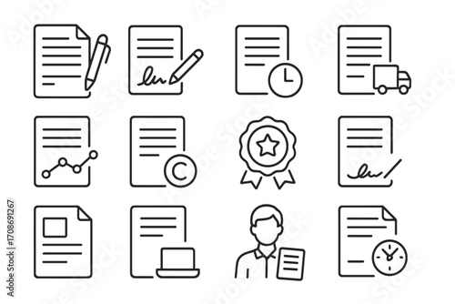 Freelance Agreement Icons. Line style icons of freelance agreements: freelance contract paper, client signature form, hourly rate