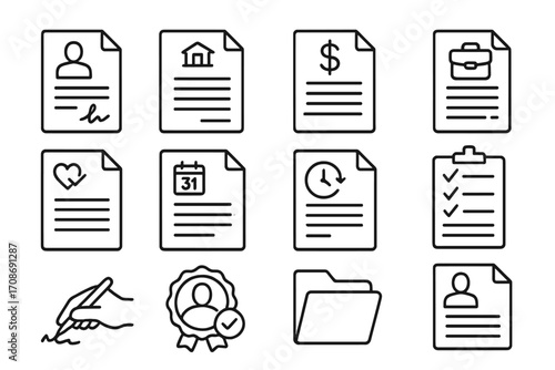 Employment Contract Icons. Line style icons of employment contracts: signed job offer, contract with company logo, salary clause