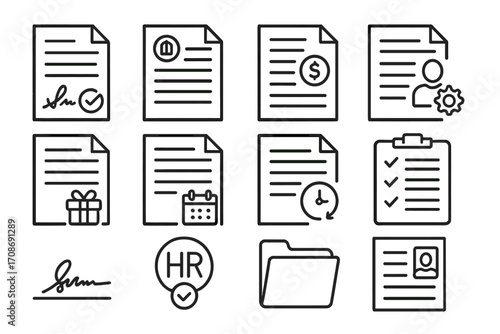 Employment Contract Icons. Line style icons of employment contracts: signed job offer, contract with company logo, salary clause