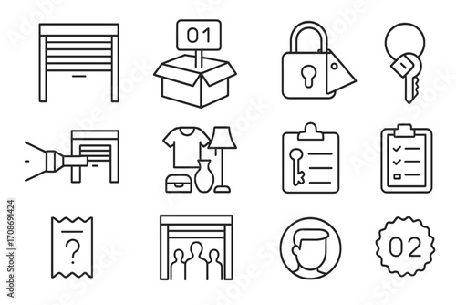 Storage Auction Icons. Line style icons of storage unit auctions: storage door icon, box with bid number, winning padlock tag,