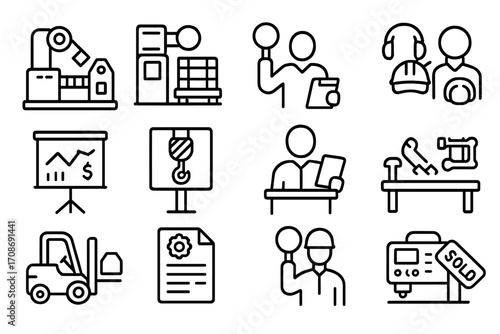 Industrial Auction Icons. Line style icons of industrial auctions: factory machine with lot tag, warehouse bidder, auction pallet