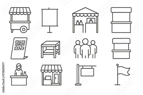 Pop-Up Retail Icons. Line style icons of pop-up retail: mobile kiosk icon, temporary stand banner, shipping container store,