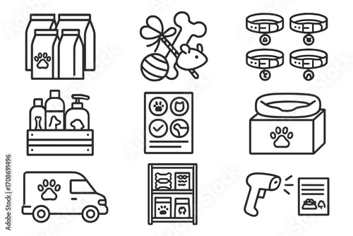 Wholesale Pet Supplies Icons. Line style icons of wholesale pet supplies: pet food bags in bulk, toy bundle for pets, collars in