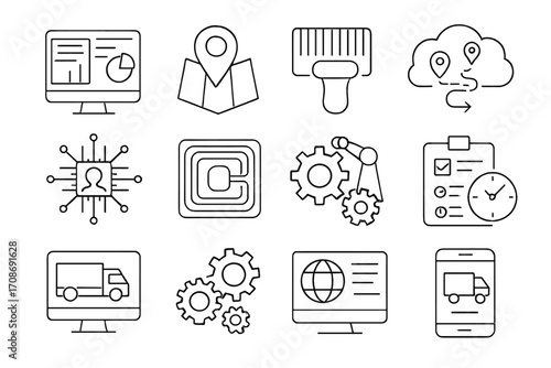 Logistics Technology Icons. Line style icons of logistics technology: logistics software dashboard, GPS tracking icon, barcode