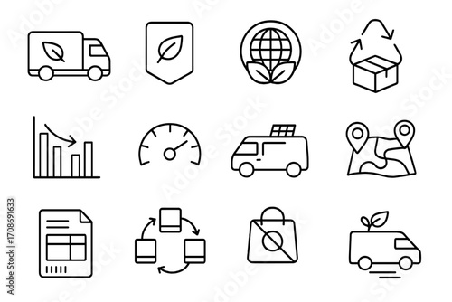 Sustainable Logistics Icons. Line style icons of sustainable logistics: eco truck icon, green delivery label, carbon neutral badge