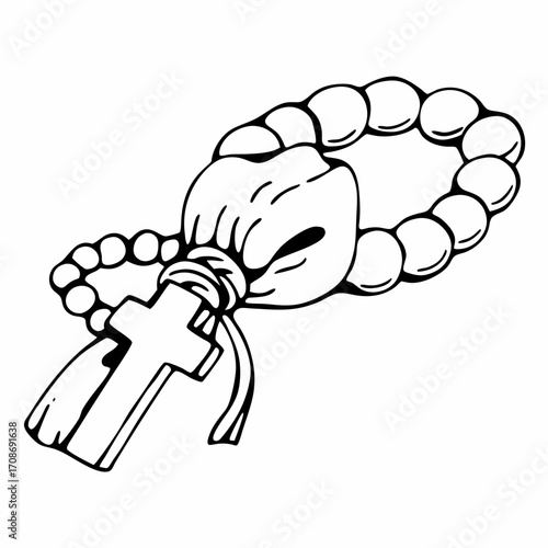 Illustration of a rosary with beads and a cross pendant in black and white line art style graphic