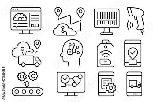 Logistics Technology Icons. Line style icons of logistics technology: logistics software dashboard, GPS tracking icon, barcode