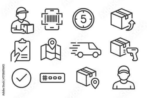 Courier Tracking Icons. Line style icons of courier tracking: courier icon with box, scan at checkpoint, delivery ETA countdown,