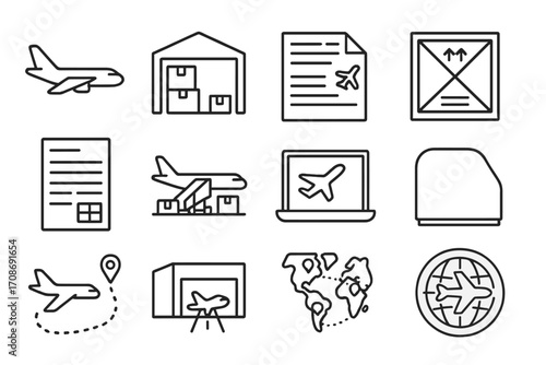 Air Freight Icons. Line style icons of air freight logistics: cargo airplane icon, airport warehouse layout, airway bill document,