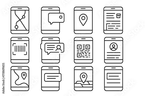 Mobile Tracking Icons. Line style icons of mobile tracking apps: smartphone with route map, app notification popup, mobile