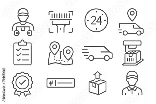 Courier Tracking Icons. Line style icons of courier tracking: courier icon with box, scan at checkpoint, delivery ETA countdown,