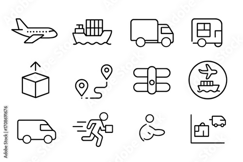 Shipping Icons Collection. Line style icons of shipping methods: air freight airplane, cargo ship with containers, delivery truck