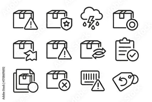 Shipping Disruption Icons. Line style icons of shipping disruptions: package delay warning, customs hold icon, weather impact