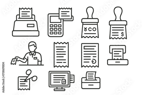 POS Receipt Iconography. Line style icons of point-of-sale receipts: cash register printout, card reader with printed receipt,