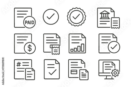 Line Style Invoice Icons. Line style icons of invoice transactions: invoice with payment received stamp, transaction matched icon,