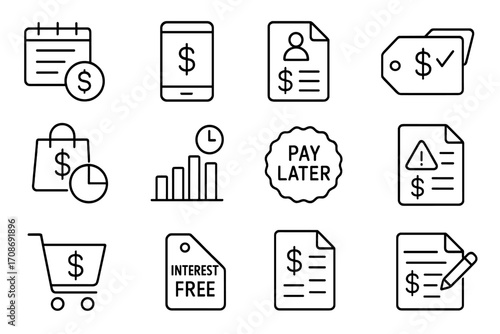 Installment Purchase Icons. Line style icons of installment-based purchases: monthly payment breakdown, finance plan screen,