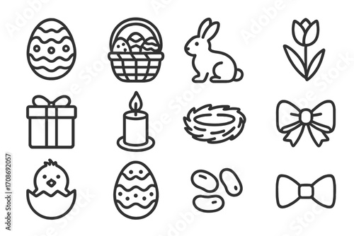 Easter Celebration Icons. Line style icons of Easter celebration items: decorated egg, easter basket, chocolate bunny, tulip; gift