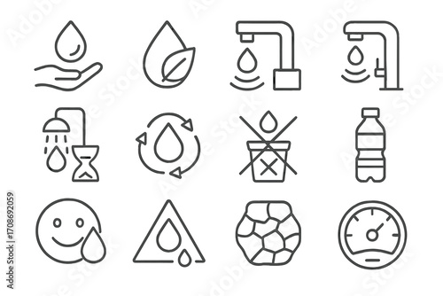 Water Conservation Icons. Line style icons of water conservation & awareness: water saving icon, eco droplet, smart faucet, sensor
