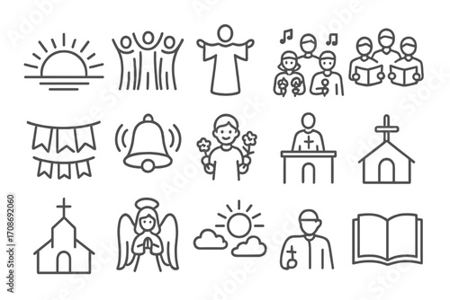 Easter Celebration Icons. Line style icons of Easter Sunday visuals: sunrise, joyful crowd, white robes, singing group; banners,