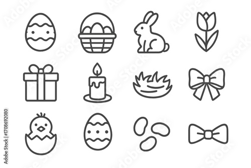 Easter Celebration Icons. Line style icons of Easter celebration items: decorated egg, easter basket, chocolate bunny, tulip; gift