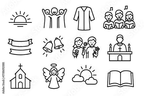 Easter Celebration Icons. Line style icons of Easter Sunday visuals: sunrise, joyful crowd, white robes, singing group; banners,