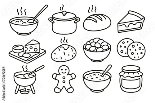 Winter Comfort Foods Icons. Line style icons of winter food comforts: soup bowl, stew pot, fresh bread, pie slice; cheese board,