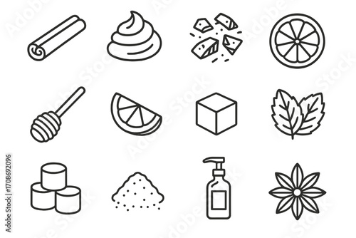 Hot Drink Add-Ons Icons. Line style icons of hot drinks add-ons: cinnamon stick, whipped cream, chocolate shavings, orange slice;